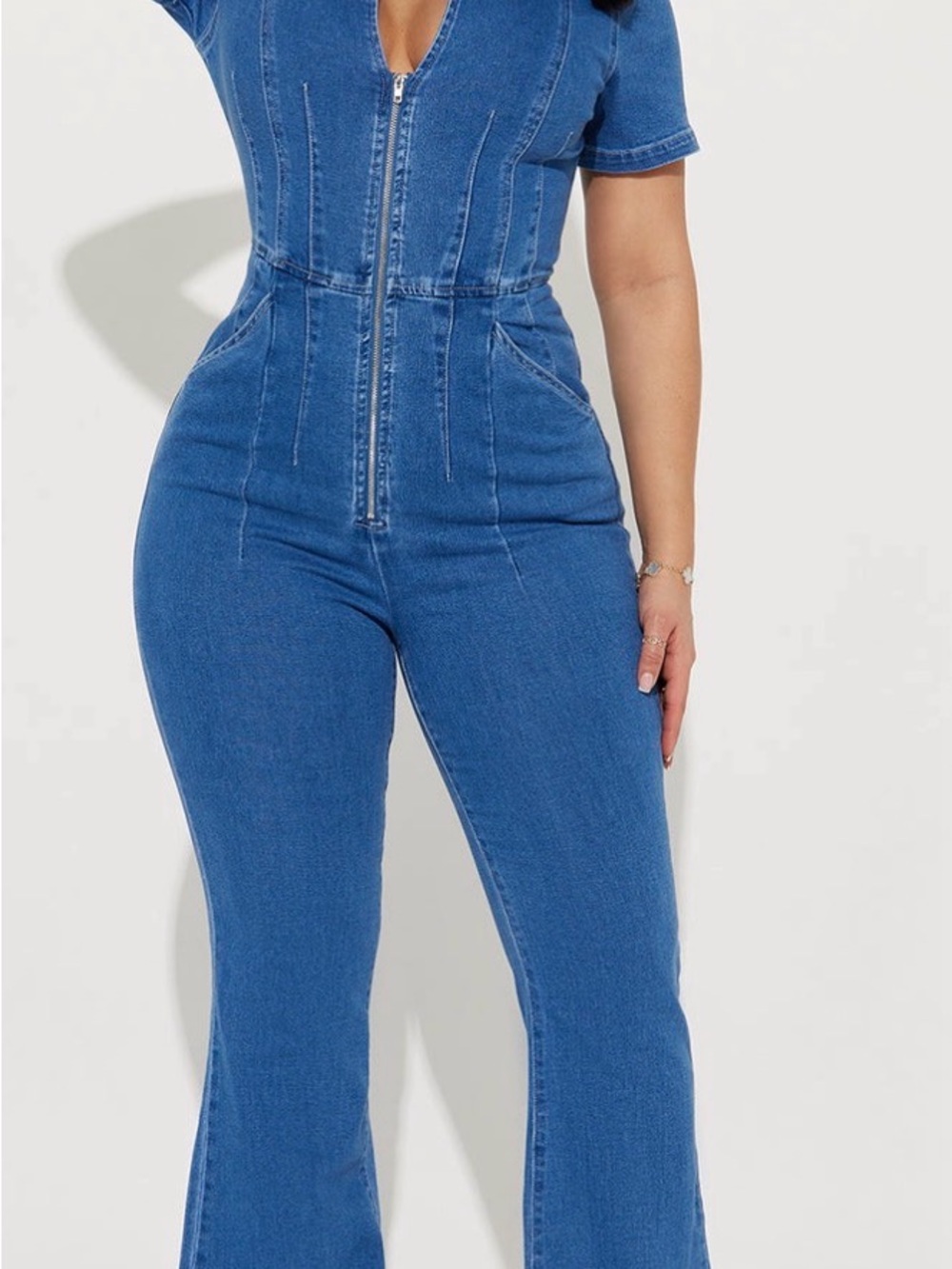 Fashion Nova Indigo Blue High-Rise Zip-Front Flare Jumpsuit